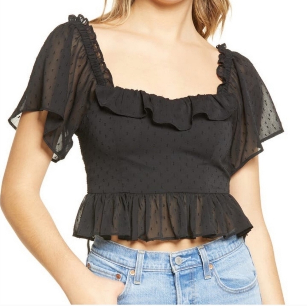 WAYF Menlo Clip Dot Ruffle Chiffon Peplum Top Black Coquette Whimsigoth XS‎